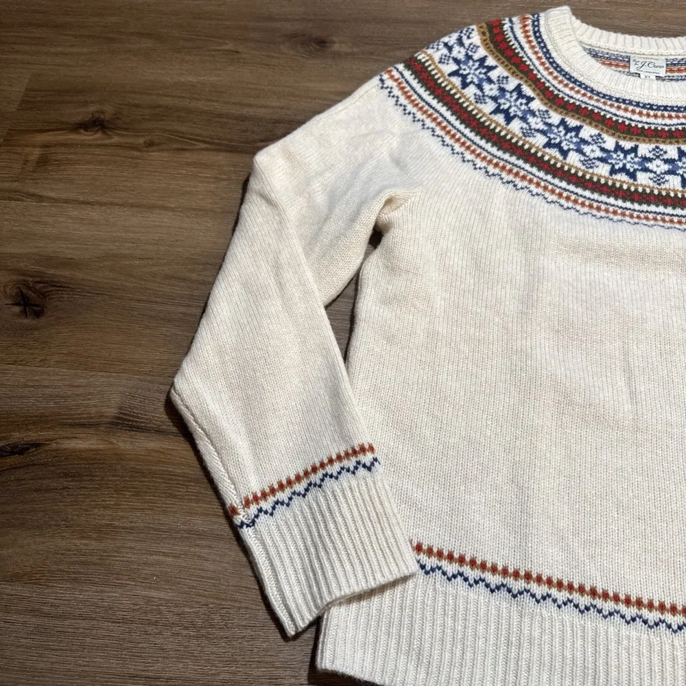 J Crew Sweater Men's XL Beige 100% Lambswool Fair Isle Yoked Crewneck Pullover - Picture 2 of 13